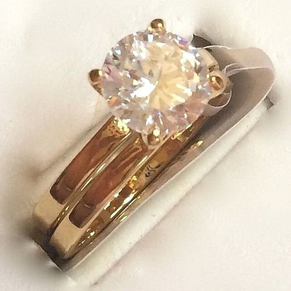 Cubic Zirconia Solitaire Engagement Ring Wedding Set Size 9 10 Gold Plated Band - Picture 6 of 10